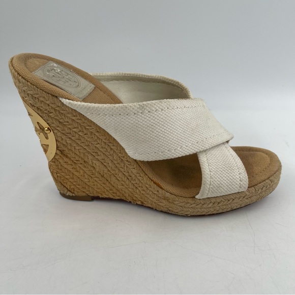 Tory Burch Cream Beige Kristen Espadrille Canvas Wedge Sandals Shoe - Size 8.5 M - Picture 2 of 11